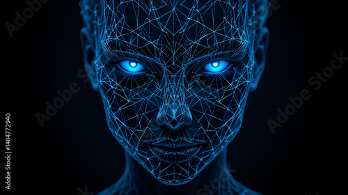 Stylized geometric pattern of interconnected shapes forms a futuristic face with glowing blue eyes and a subtle, mysterious smile on a dark background.