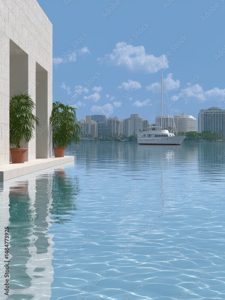 Naklejka premium Luxury Yacht Sailing on Tropical Ocean with City Skyline Background - Exclusive Lifestyle and Vacation Imagery.