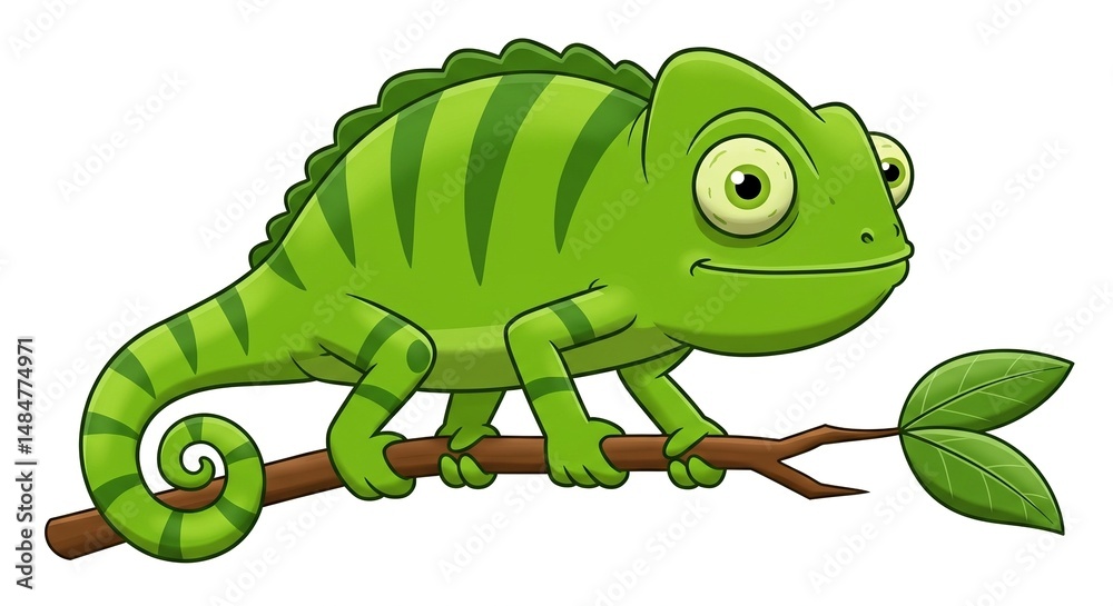 Fototapeta premium Green Chameleon on a Tree Cartoon