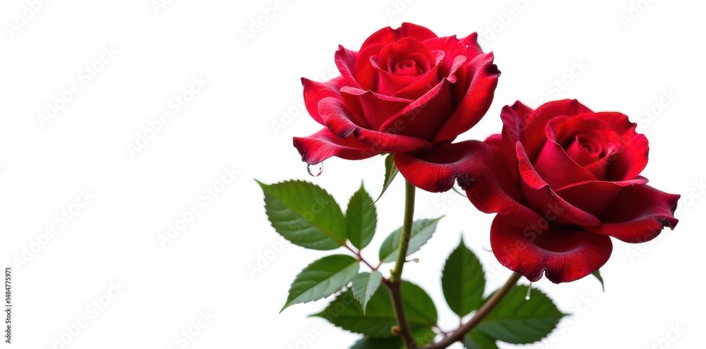 Fototapeta premium Three lush red roses, glistening with water droplets, isolated on pure white background , plant, red