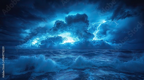 Dramatic photograph of a lightning storm over a dark ocean, with bolts of electricity illuminating the turbulent waves