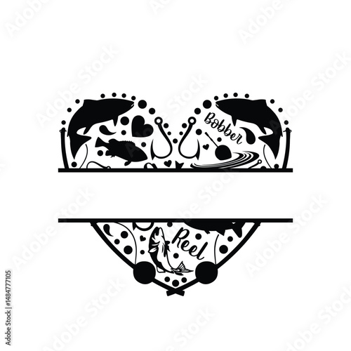 Heart-shaped fishing design with bobber and reel