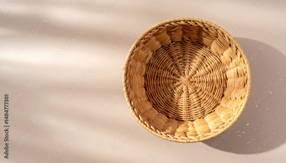 Fototapeta premium Handwoven wicker basket artisan studio decorative object soft natural light top-down view craftsmanship and design