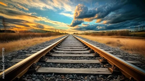 Golden hour landscape of train tracks extending into horizon.