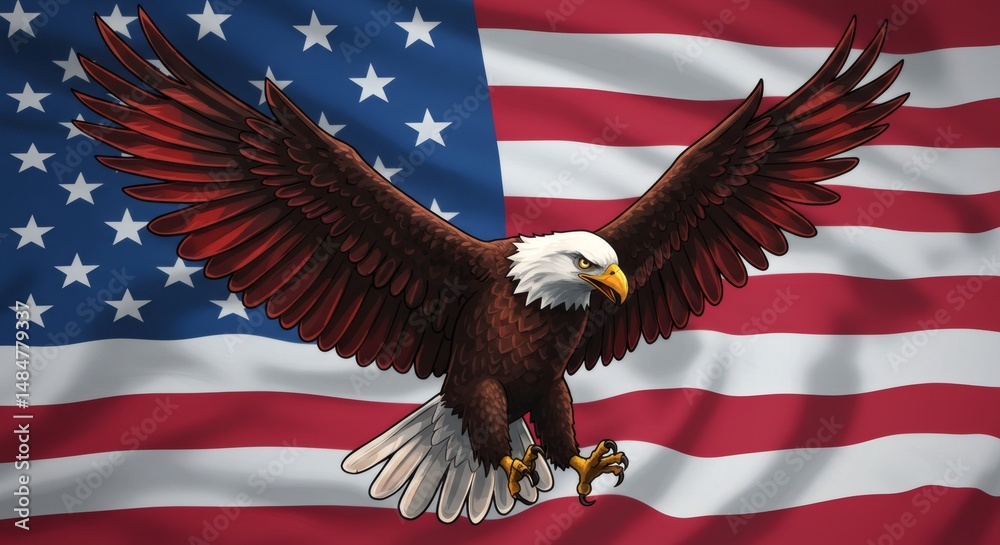 Naklejka premium Eagle Flying with Open Wings Over an American Flag Background
