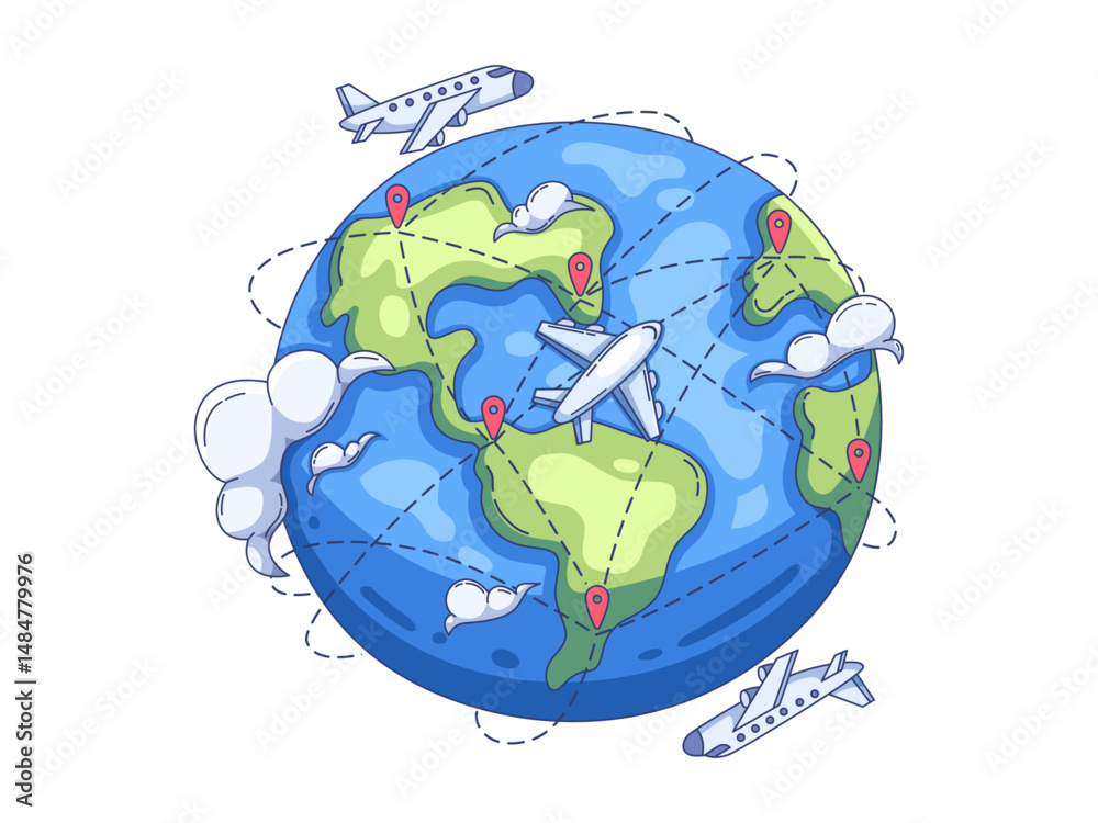 Naklejka premium illustration of a global flight network featuring interconnected flight paths between various locations around the world. Airplanes and dotted routes emphasize international connectivity