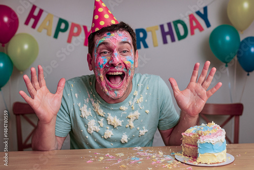 Goofy Birthday Man Covered in Cake Frosting After Surprise Celebration