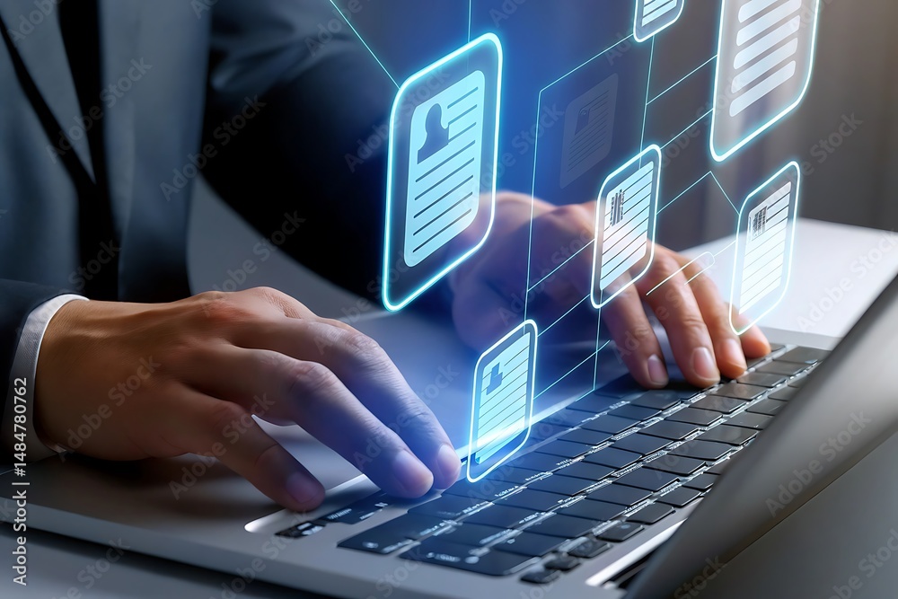 Fototapeta premium Businessman Working on Laptop with Digital Documents and Data Management System