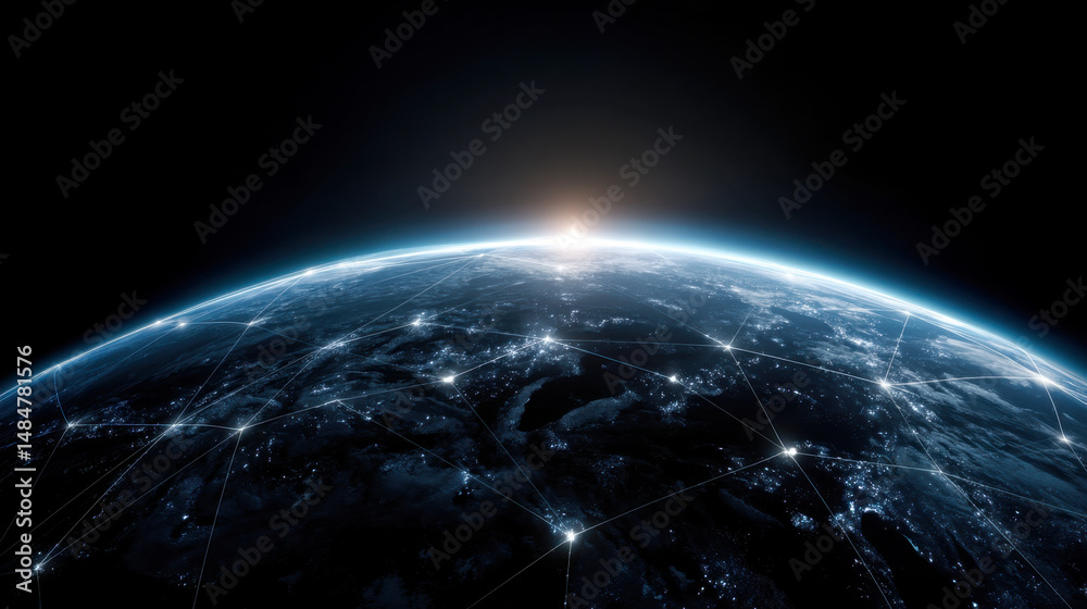 Obraz premium Global connectivity viewed from space at dawn showcasing network patterns in the atmosphere