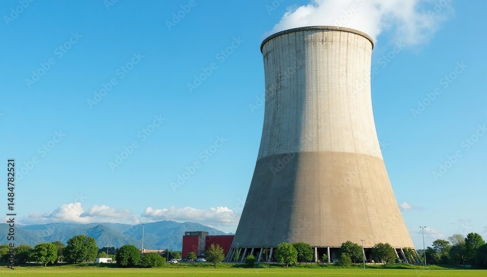 Fototapeta premium Massive industrial cooling tower against a blue sky Excellent for industrial, energy, and environmental themes , industrial landscape, steam, metal