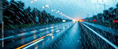 Sheeting rain blurring asphalt highway lines, streaks of water glistening, driving, downpour