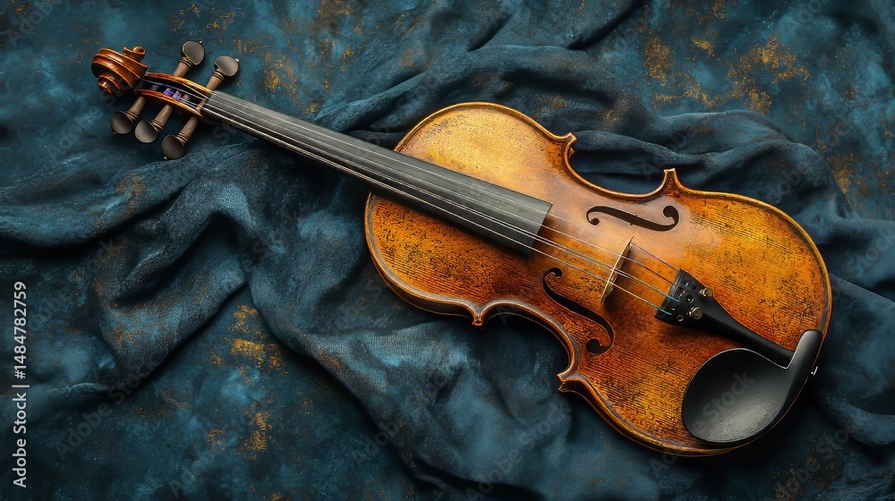 Fototapeta premium Elegant Antique Violin on Textured Blue Fabric Background
