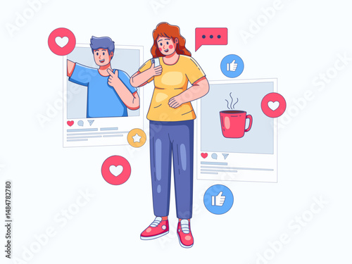An illustration of a person actively engaging with social media content on their smartphone. They are surrounded by visual elements such as posts, like buttons, comment bubbles, and share icons