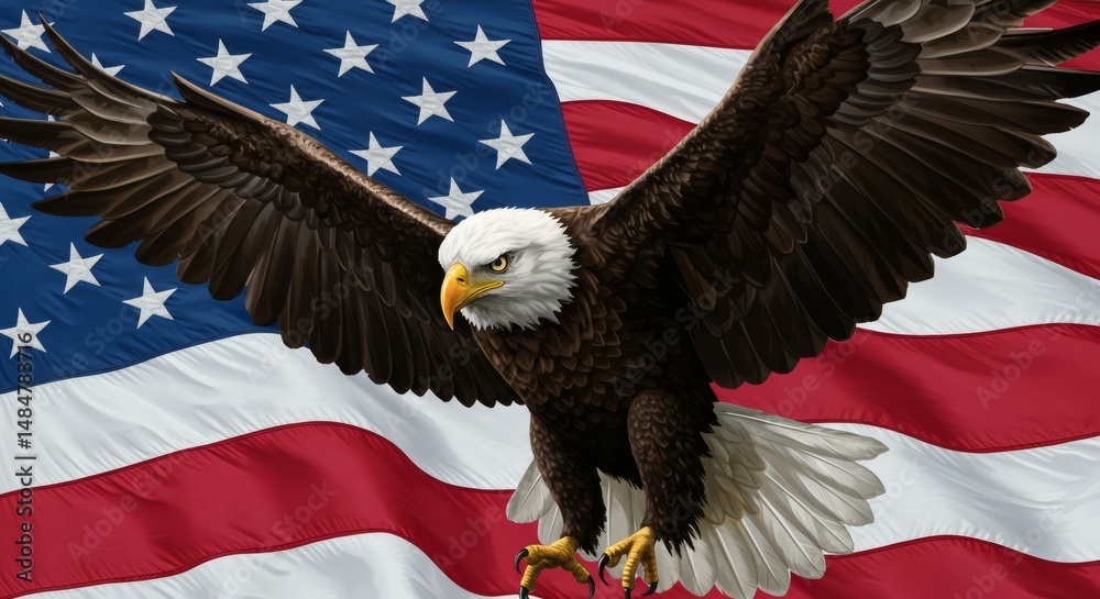Naklejka premium American Bald Eagle Flying Proudly Over Waving Us Flag Illustration