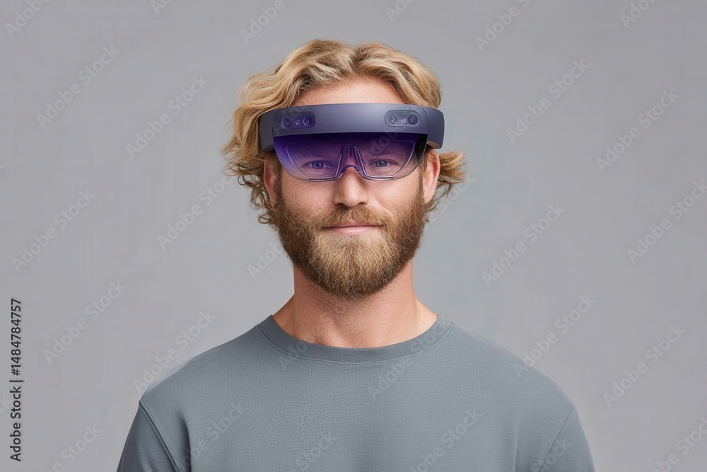 Fototapeta premium Young bearded man wearing innovative augmented reality glasses in a minimalist setting showcasing advanced digital interface engagement and futuristic technology with an air of curiosity