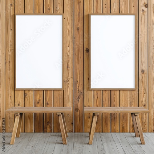 Two blank poster mockups hang on a rustic wood wall above two simple wooden benches in a minimalist interior design setting perfect for showcasing artwork or advertisements.