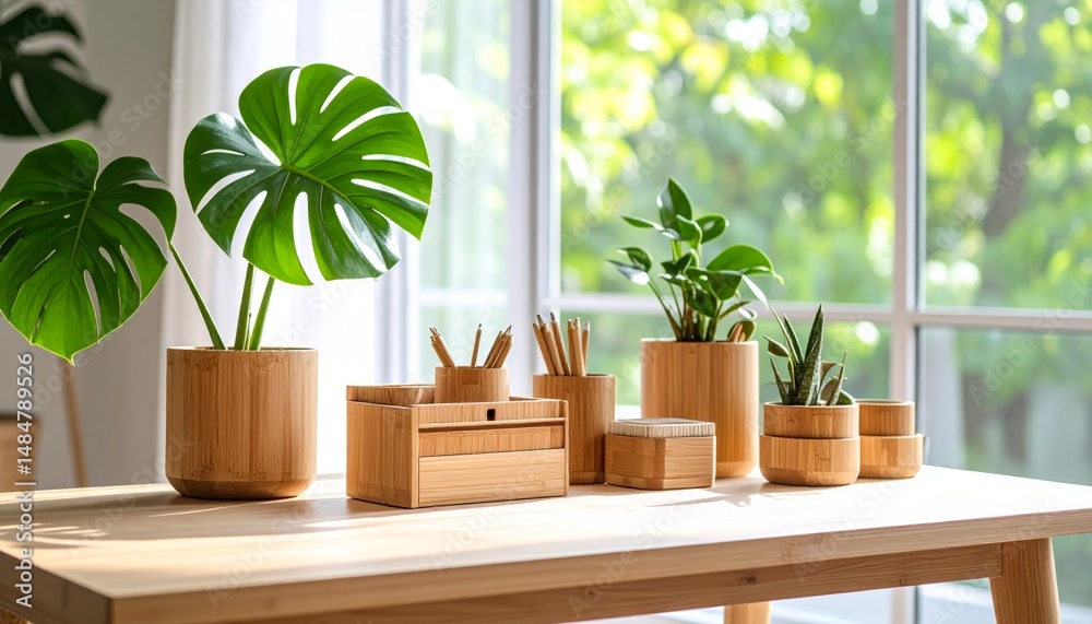 Sunlit Workspace With Green Plants In Wooden Planters Sunlit Workspace With Green Plants In Wooden Planters