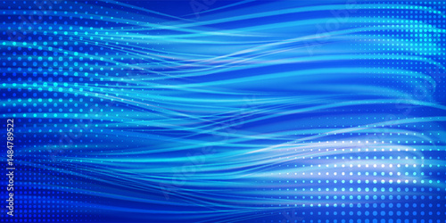 Abstract blue background with glowing wave lines and dotted halftone elements. Suitable for technology, digital presentations, and modern design projects