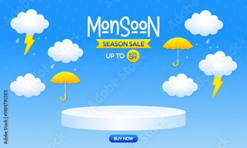 Monsoon Season Sale Banner with 3D Podium and Rainy Weather Elements – Up to 60% OFF