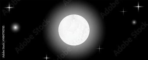 realistic full moon isolated at night. Glowing round planet or midnight moon landscape with craters, moonlight. Astronomy and space theme. vector