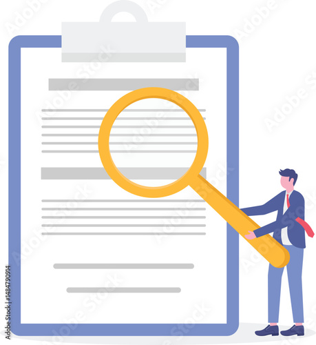 businessman manager holding a big magnifying glass checking document.


