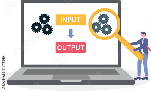 Algorithm data input and output process visualization.flat design with people.

