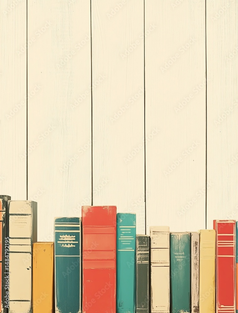 Naklejka premium A background of light cream-beige wood with colorful books at the bottom