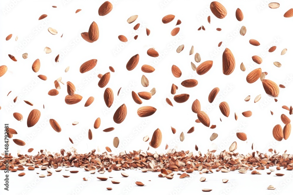Obraz premium Falling almonds isolated on white background for culinary use.
