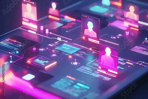 Wallpaper Mural Vibrant holographic user profiles float above a digital interface suggesting networking connections for a social media or corporate application banner. Torontodigital.ca