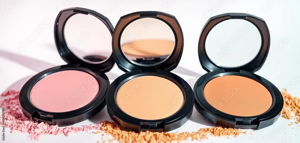 Three compact powder makeup palettes in diverse shades, set against a bright backdrop, flatlay, white background Three compact powder makeup palettes in diverse shades, set against a bright backdrop, flatlay, white background