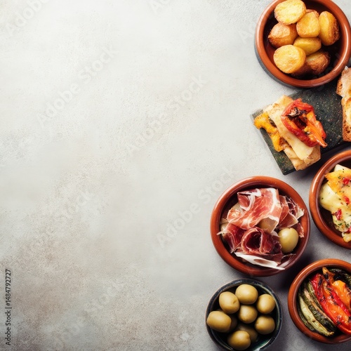 Spanish tapas variety featuring patatas bravas, olives, and iberian ham
