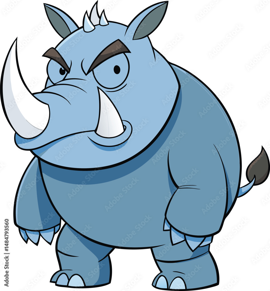 Fototapeta premium Angry cartoon rhinoceros vector illustration with sharp horns and stern expression