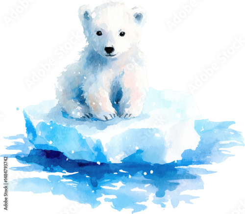 Watercolor painting of a cute and adorable baby polar bear cub on an ice floe