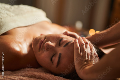 Masseur massaging woman's head in wellness center