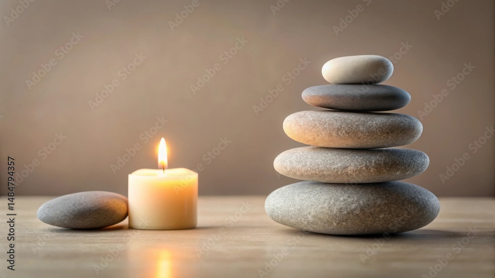 Obraz premium Serene ambiance created with a gently glowing candle and a meticulously balanced stack of smooth stones, evoking a sense of tranquility and inner peace.