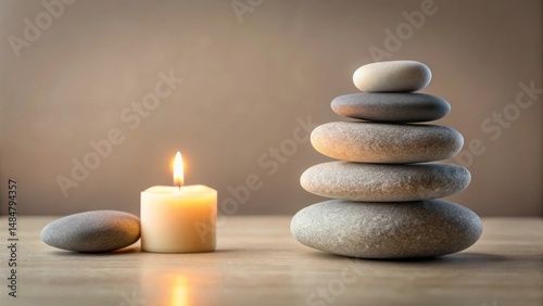 Serene ambiance created with a gently glowing candle and a meticulously balanced stack of smooth stones, evoking a sense of tranquility and inner peace.