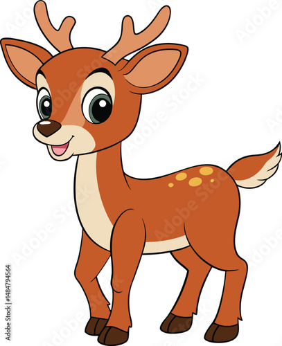 Cute cartoon fawn with spots stands smiling sweetly in bright illustration style