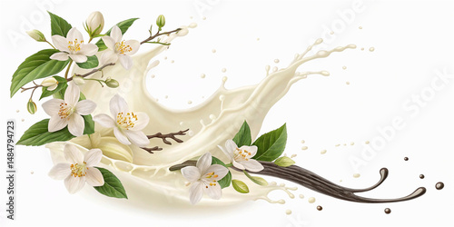 Vanilla Cream Milk Splash With Floral Decor On Transparent Background