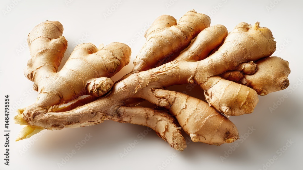 Fototapeta premium Fresh Ginger Root on White Studio Background is a premium-quality stock image ideal for use in lifestyle blogs, health content, promotional campaigns, and editorial publications.