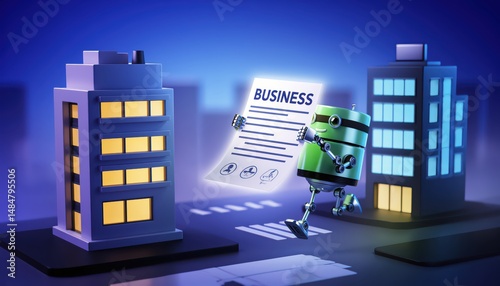 Robot Holding Business Document in Urban Setting with Modern Buildings and Night Sky