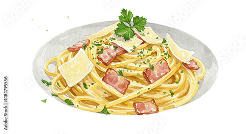 Delicious Watercolor Carbonara on Plate with Bacon and Parsley