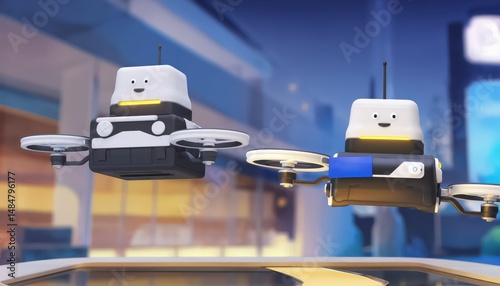 Cute Cartoon Drones with Friendly Faces Flying in a Futuristic City Environment