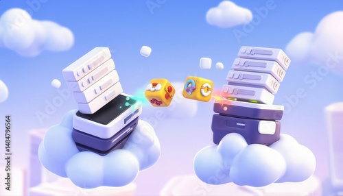 Colorful Game Elements in a Dreamy Cloud Setting with Whimsical 3D Style Design