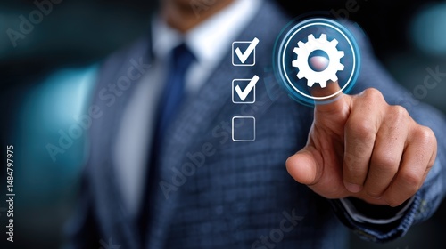 Businessman interacting with digital interface to manage tasks and workflows efficiently.