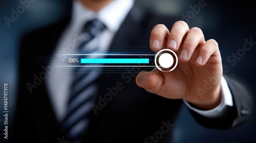 Businessman adjusting progress bar indicating success or growth in performance.
