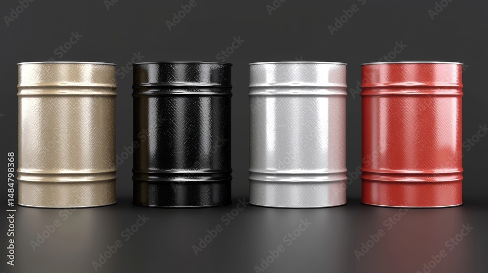 Four cylindrical containers of varying colors and designs, arranged in a row against a black background. Four cylindrical containers of varying colors and designs, arranged in a row against a black background.