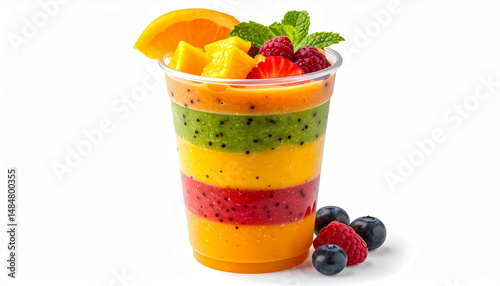 A layered fruit smoothie served in a clear cup, isolated on a white background.