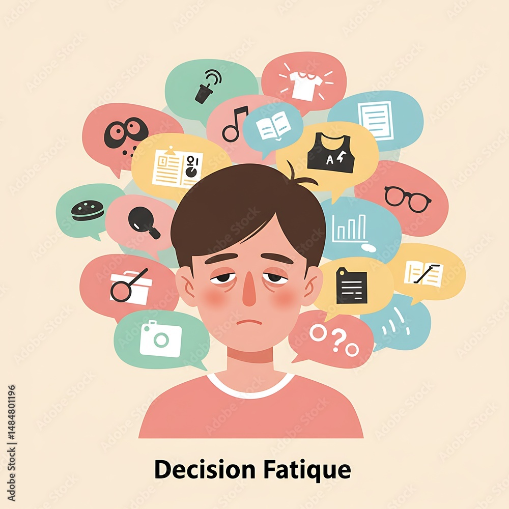Conceptual artwork showing decision fatigue with a tired person surrounded by choices Conceptual artwork showing decision fatigue with a tired person surrounded by choices