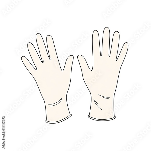 A pair of disposable latex gloves is shown on a white background.