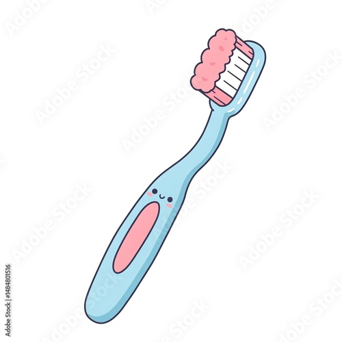 A cute cartoon toothbrush with a smiling face and pink bristles on a white background.
